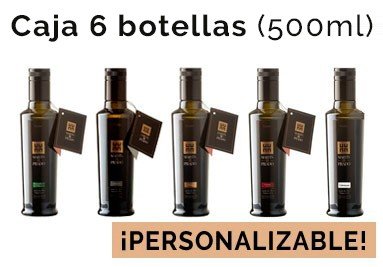 Caja de 6 botellas de 500ml de nuestros aceites (Picual, Arbequina, Manzanilla, Cobrançosa y Coupage)