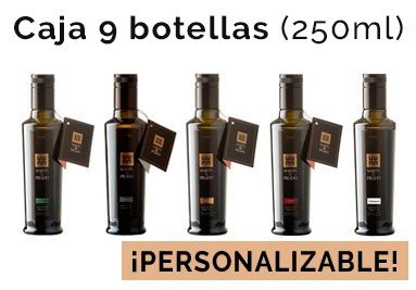 Caja de 9 botellas de 250ml de nuestros aceites (Picual, Arbequina, Manzanilla, Cobrançosa y Coupage)