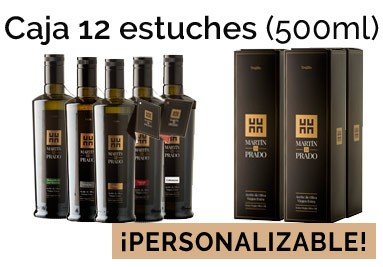 Caja de 12 estuches premium con botellas de vidrio de AOVE a elegir