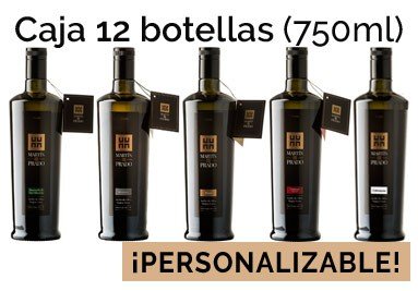 Caja de 12 botellas de 750ml de nuestros aceites (Picual, Arbequina, Manzanilla, Cobrançosa y Coupage)